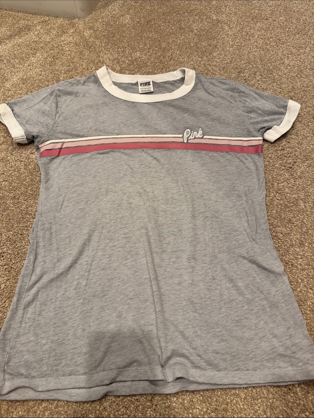 PINK Victoria's Secret Heather Gray Ringer Tee with Pink Stripe